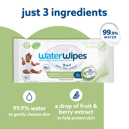 WaterWipes Sensitive+ Baby & Toddler Wipes, 3-in-1, Cares, Protects, 99.9% Water, Textured Clean, Unscented & Hypoallergenic, 540 Count (Pack of 9) 🍁 All In One Marketplace Canada
