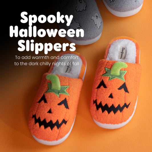 Dearfoams Unisex-Adult Spooky Fuzzy Halloween Pumpkin Jack O Lantern Slipper, Jack O Lantern, 9-10 Women/7-8 Men