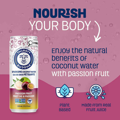 THIRSTY BUDDHA Sparkling Coconut Water with Passion Fruit, No Added Sugar, Pure Coco Drink, Natural Fruit Flavour, Electrolyte & Nutrient-Rich, 12 Pack, (12/330ml) 🍁 All In One Marketplace Canada
