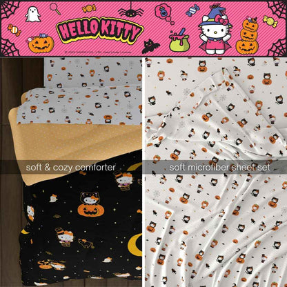 Sanrio Hello Kitty Halloween Pumpkin Twin Bed Set – Super Soft & Cozy 4 Piece Reversible Comforter and Sheet Set (Officially Licensed Product) by Franco