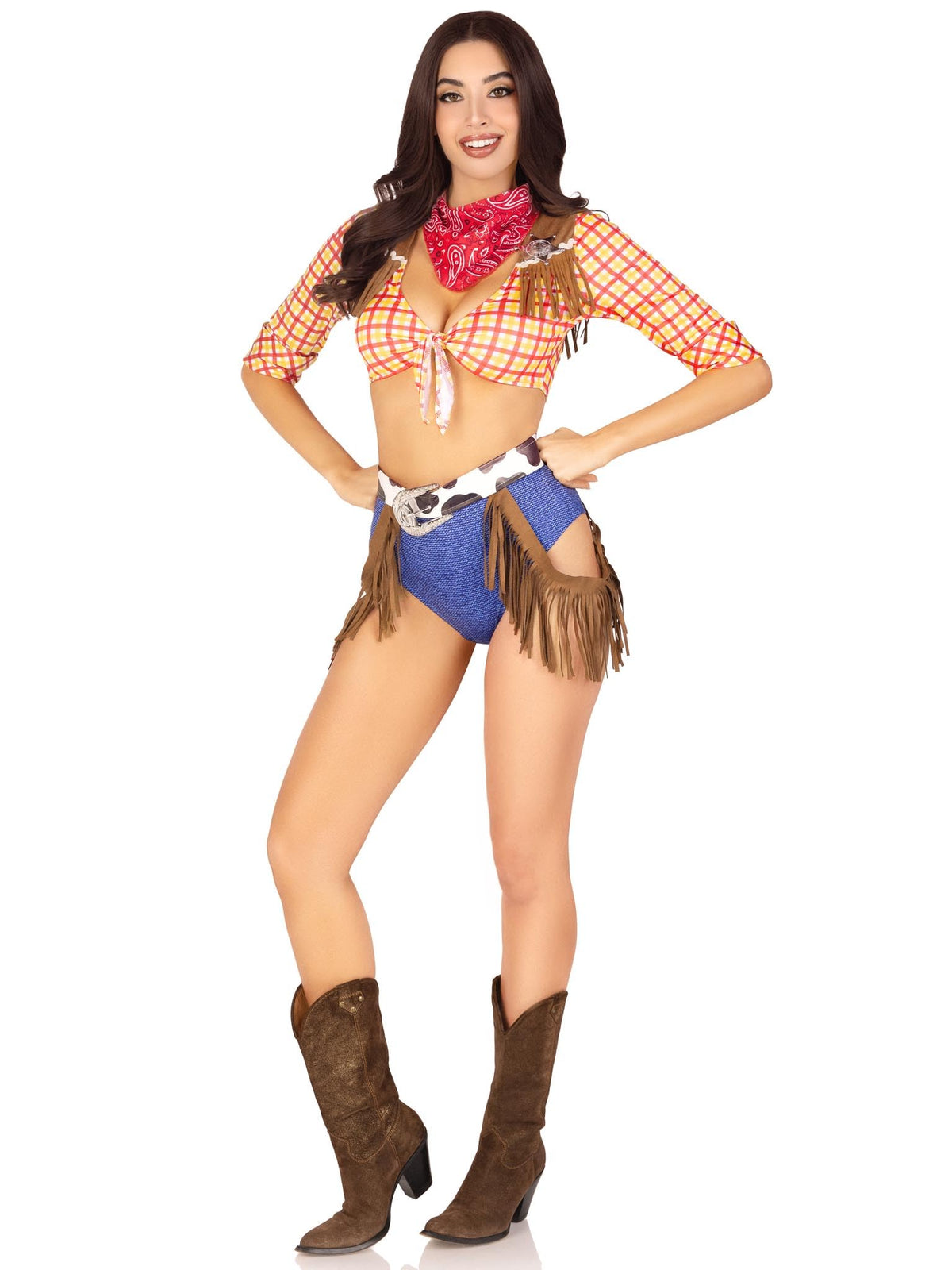 Leg Avenue Women’s 5 PC Playful Cowboy Halloween Costume with Red Bandana, Multicolor, Medium
