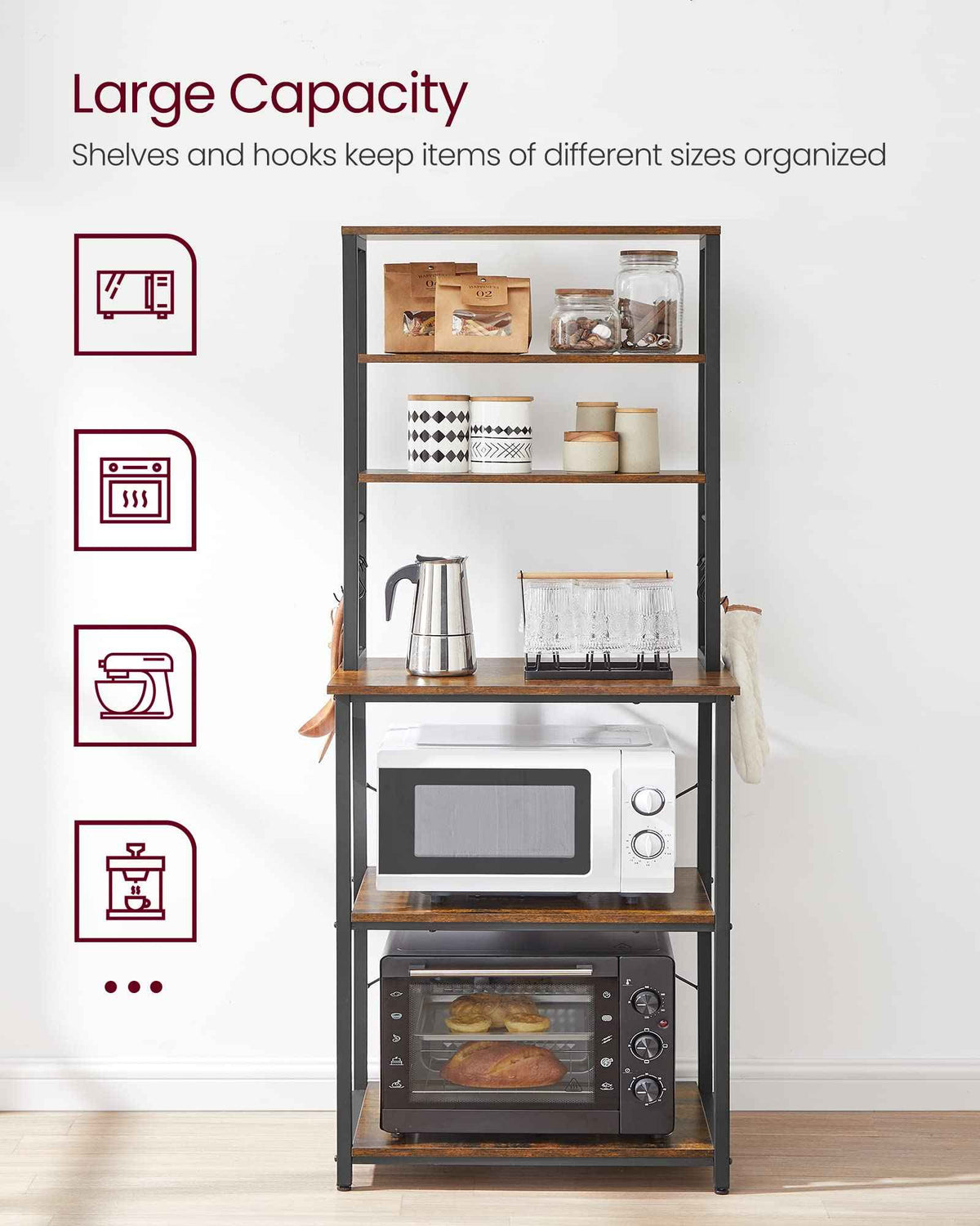 VASAGLE Coffee Bar, Baker’s Rack for Kitchen with Storage, 6-Tier Kitchen Shelves with 6 Hooks, Microwave Stand, Industrial, 15.7 x 23.6 x 65.7 Inches, Rustic Brown and Black UKKS024B01 🍁 All In One Marketplace Canada