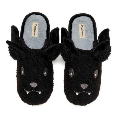 Dearfoams Unisex-Adult Spooky Fuzzy Halloween Pumpkin Jack O Lantern Slipper, Black Bat, 5-6 Women/3-4 Men