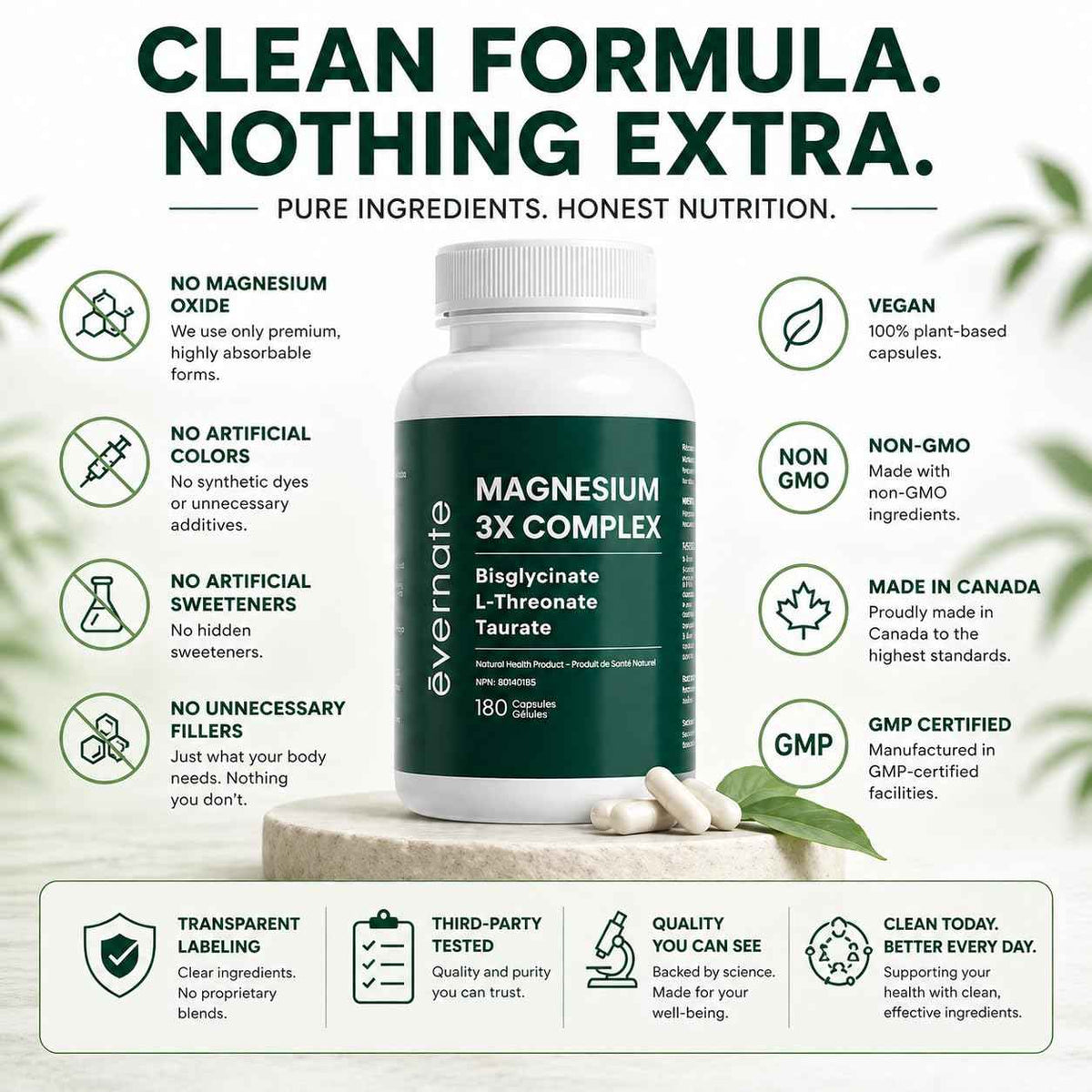 ALL-IN-ONE Magnesium Complex – Magnesium Glycinate (Bisglycinate) Chelated, L-Threonate & Taurate (200mg Elemental per Daily Dose) – Sleep, Stress, Muscle & Heart Support – High Absorption Magnesium Supplement – 180 Vegan Capsules – Made in Canada