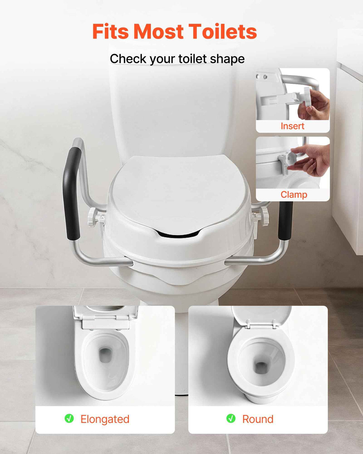 VEVOR Raised Toilet Seat with Arms, 300 lbs Load Capacity, 4-Inch Lift Height, Widened Commode Elevated Toilet Seat Riser with Padded Handles for Seniors, Elderly, Handicap, Disabled, and Adults Use 🍁 All In One Marketplace Canada