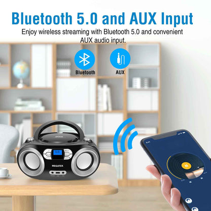 MEGATEK Portable CD Player Boombox with FM Radio, Bluetooth, USB Port, AUX Input, and Headphone Jack – CD-R/CD-RW/MP3-CD Compatible, Clear Stereo Sound, Backlit LCD Display – Black 🍁 All In One Marketplace Canada