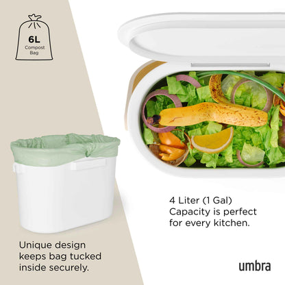 Umbra Bellwood Kitchen Compost Bin – White/Natural, Countertop or Cabinet Mounted, 4L Compost Container with Hidden Bag Retainer, BPA-Free & Dishwasher Safe| Bellwood Collection 🍁 All In One Marketplace Canada