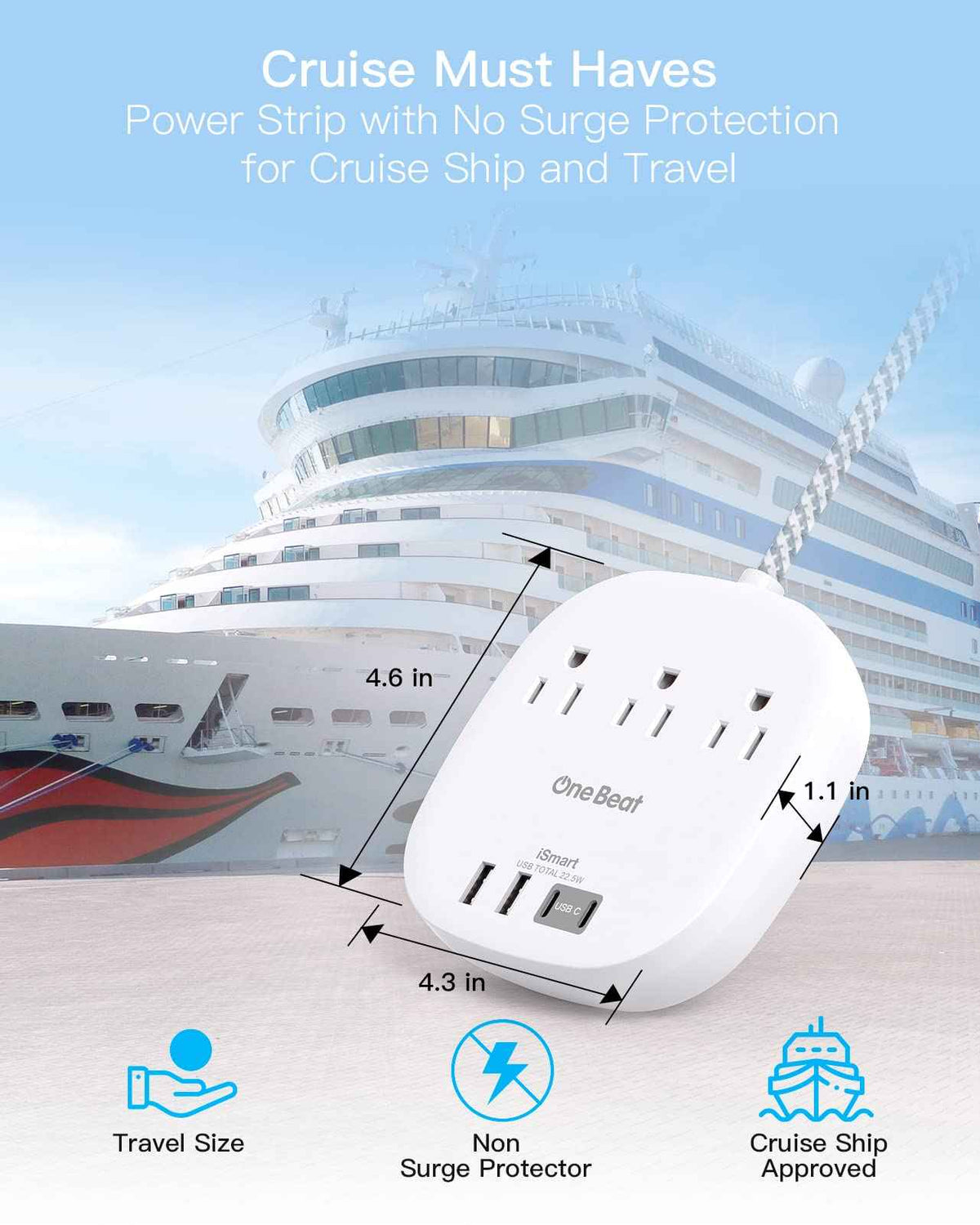 One Beat Flat Plug Power Bar with USB C, 6FT Ultra-Thin Extension Cord, 3 Outlet with 4 USB Ports (2 USB C) Desktop Charging Station, No Surge Protection for Cruise Ship, Travel Essentials, Dorm Room 🍁 All In One Marketplace Canada