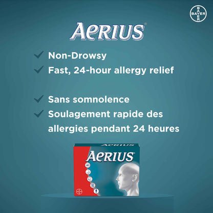 AERIUS Allergy Medicine, Fast Relief, 24-Hour, Non-Drowsy, 15 Symptoms, 24 Tablets 🍁 All In One Marketplace Canada