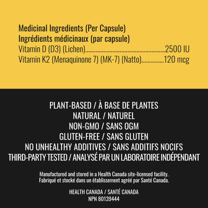 Vitamin D3 K2 Supplement - 2500 IU D3, 120 mcg K2 MK7 x 124 Capsules - Plant-Based, Vegan - Prevents Deficiency, Supports Bone Health in Women and Men - Made in Canada, Third-Party Tested - Nutritionn 🍁 All In One Marketplace Canada
