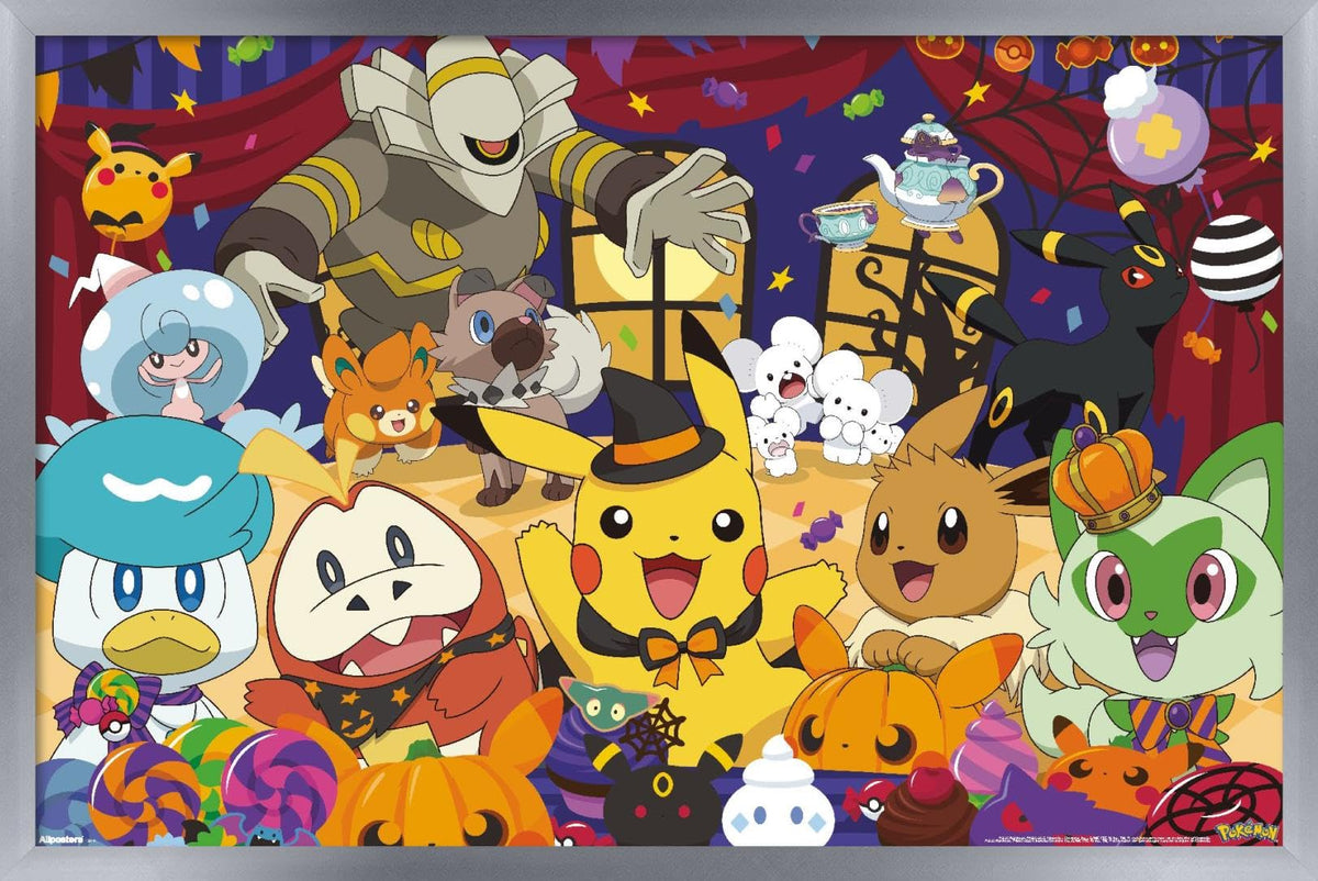 Pokémon: Halloween Party- Group Wall Poster, 34L" x 22.4W", Silver Framed Version