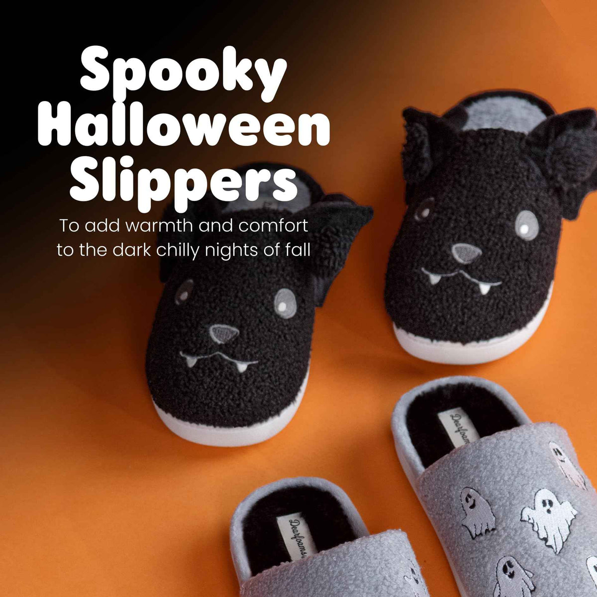 Dearfoams Unisex-Adult Spooky Fuzzy Halloween Pumpkin Jack O Lantern Slipper, Black Bat, 13-14 Women/11-12 Men
