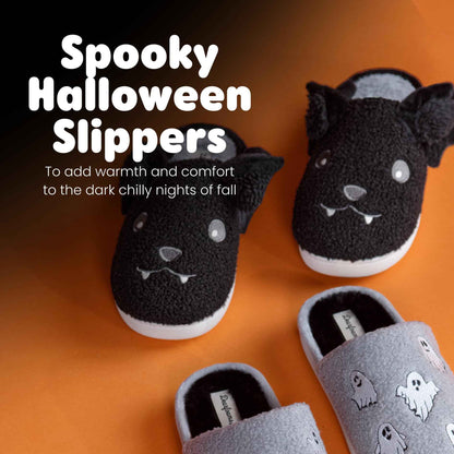 Dearfoams Unisex-Adult Spooky Fuzzy Halloween Pumpkin Jack O Lantern Slipper, Black Bat, 13-14 Women/11-12 Men