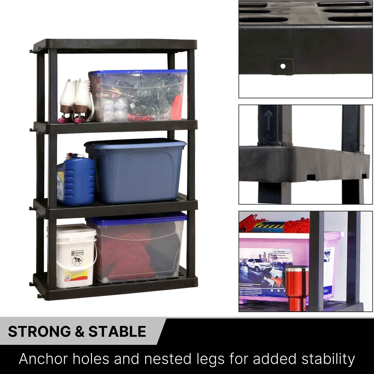 Koolatron Oscar Heavy Duty Plastic Storage Shelves- for Garage, Kitchen, Bathroom Basement, Kids Room, Toys,Stackable 4-Tier Black, Organizer Rack for Books Shoes, Pantry, Cleaning, Made in Canada 🍁 All In One Marketplace Canada