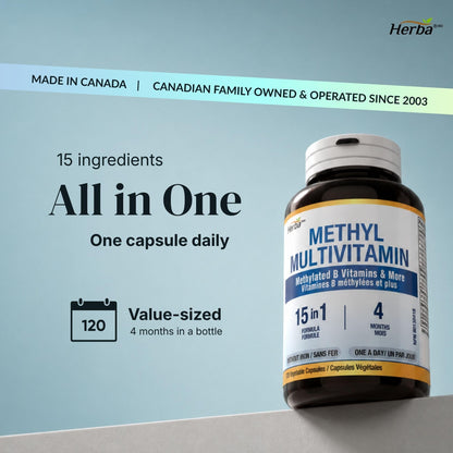 Herba Methylated Multivitamin with 500mg TMG & Methylated B Complex - 120 Capsules | 15 in 1 Formula | B Complex Vitamins for Women & Men including Methyl Folate Supplement | Vegan | Made in Canada 🍁 All In One Marketplace Canada