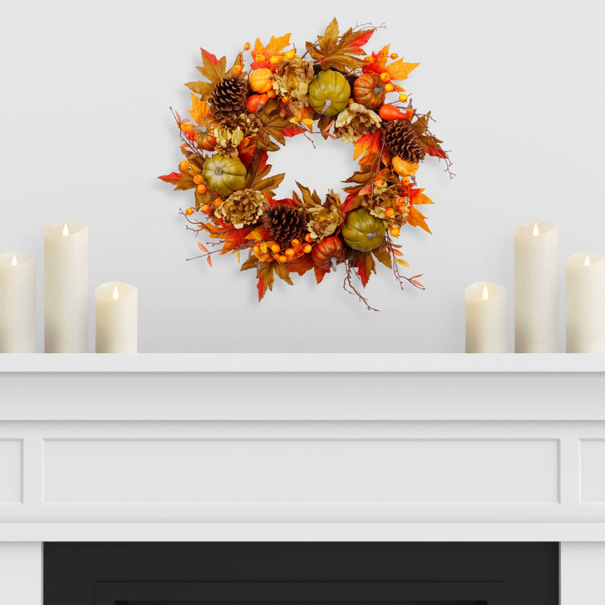 SOFTFLAME 20" Fall Wreath for Front Door, Autumn Artificial Wreath with Pumpkin, Pine Cone, Maple Leaves, Berries, Gift Ideal for Halloween Thanksgiving Home Decoration