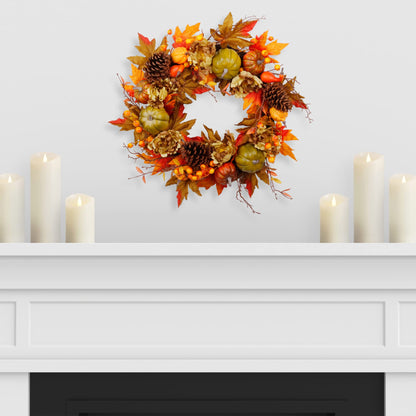 SOFTFLAME 20" Fall Wreath for Front Door, Autumn Artificial Wreath with Pumpkin, Pine Cone, Maple Leaves, Berries, Gift Ideal for Halloween Thanksgiving Home Decoration