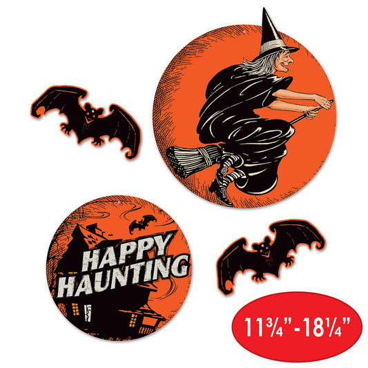 Beistle 4 Piece Vintage Halloween Cut Outs Retro Haunted House, Witch and Bat Indoor Decorations for Home and Office, 11.75" - 18.25", Black/Orange/White