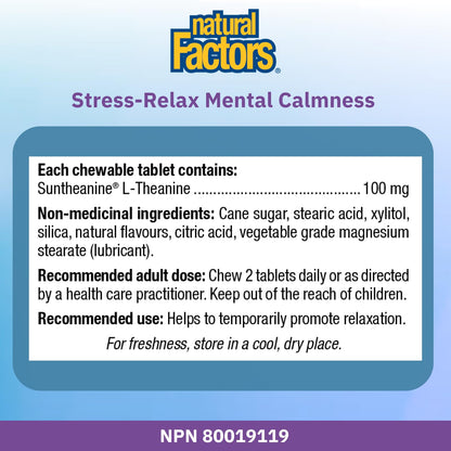 Natural Factors Stress Relax Mental Calmness, 120 Chewable Tablets, Tropical Fruit Flavour, Suntheanine L Theanine 100 mg, Promotes Deep Relaxation, Stress Relief, Proudly Canadian 🍁 All In One Marketplace Canada