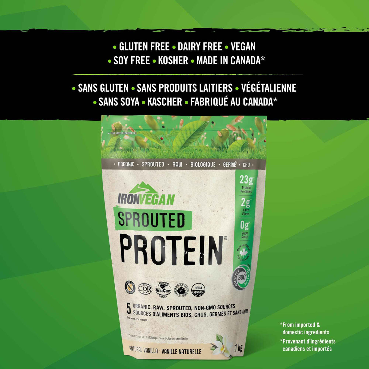 Iron Vegan Sprouted Protein, French Vanilla Flavour, 1kg | Vegan, plant-based, organic, gluten-free Brown (Pack of 1) 🍁 All In One Marketplace Canada