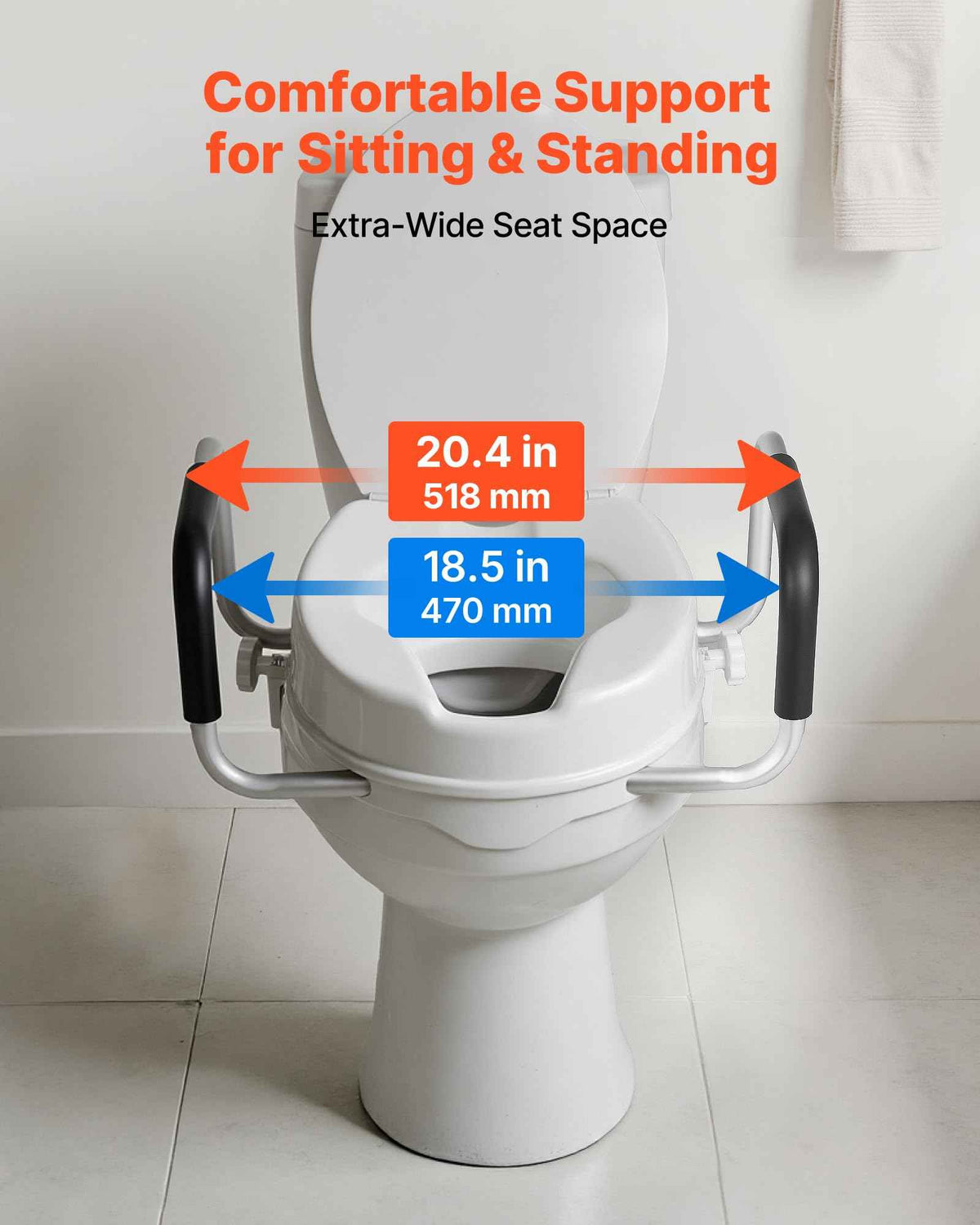 VEVOR Raised Toilet Seat with Arms, 300 lbs Load Capacity, 4-Inch Lift Height, Widened Commode Elevated Toilet Seat Riser with Padded Handles for Seniors, Elderly, Handicap, Disabled, and Adults Use 🍁 All In One Marketplace Canada