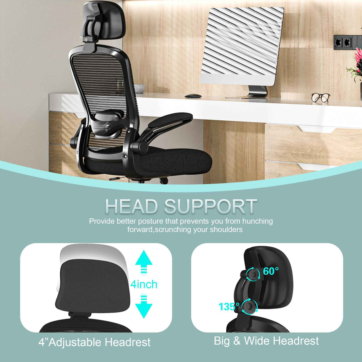 Mimoglad Office Chair, Comfy Desk Chair - High Back Ergonomic Computer Chair with Adjustable Lumbar Support & Headrest, Flip-up Armrests for Guitar Playing (Black(Black Frame)) 🍁 All In One Marketplace Canada