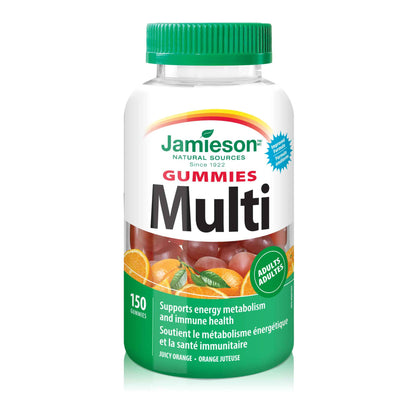 Jamieson Multivitamin Gummies for Adults Juicy Orange Flavour, Supports Immunity, Energy and Overall Health. With Zinc, Vitamin D3, and Biotin, Vegetarian, Non-GMO, No Gluten, Artificial Colours, Flavours or Preservatives, 150 Count