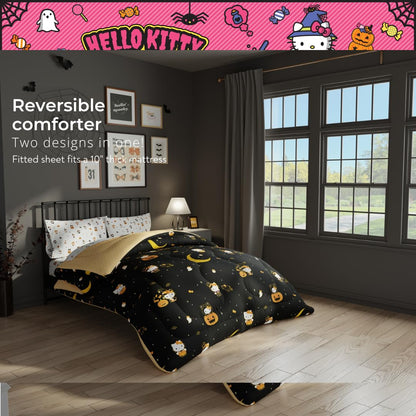 Sanrio Hello Kitty Halloween Pumpkin Queen Bed Set – Super Soft & Cozy 5 Piece Reversible Comforter and Sheet Set (Officially Licensed Product) by Franco