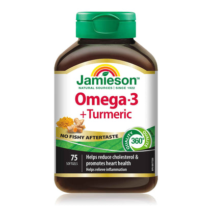 Jamieson Omega-3 + Turmeric Softgels, No Fishy Aftertaste, Supports Heart, Brain, and Joint Health. Fish Oil, Reduces Cholesterol and Inflammation, with EPA and DHA, Gluten-Free, 75 Count, Proudly Canadian 🍁 All In One Marketplace Canada