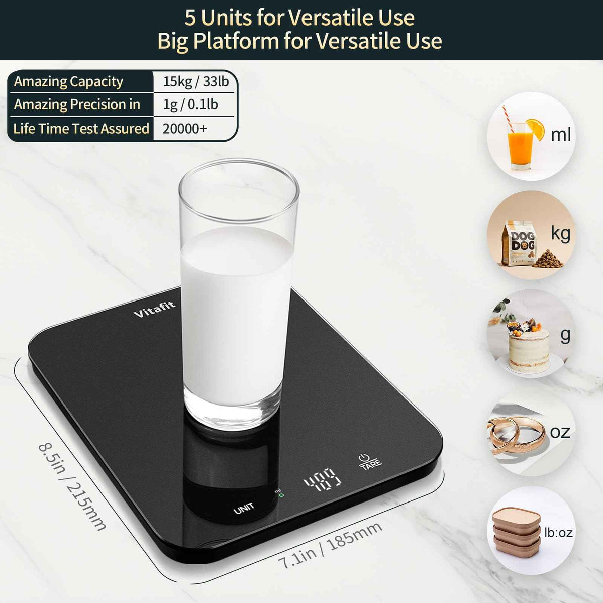 Vitafit 33lb/15kg Digital Food Scale in High Precision 0.1oz/1g, Our Own Kitchen Scale Professional Factory Since 2001, Scale Grams for Cooking & Baking, LED, 3*AAA Battery, Spray Silver Black 🍁 All In One Marketplace Canada
