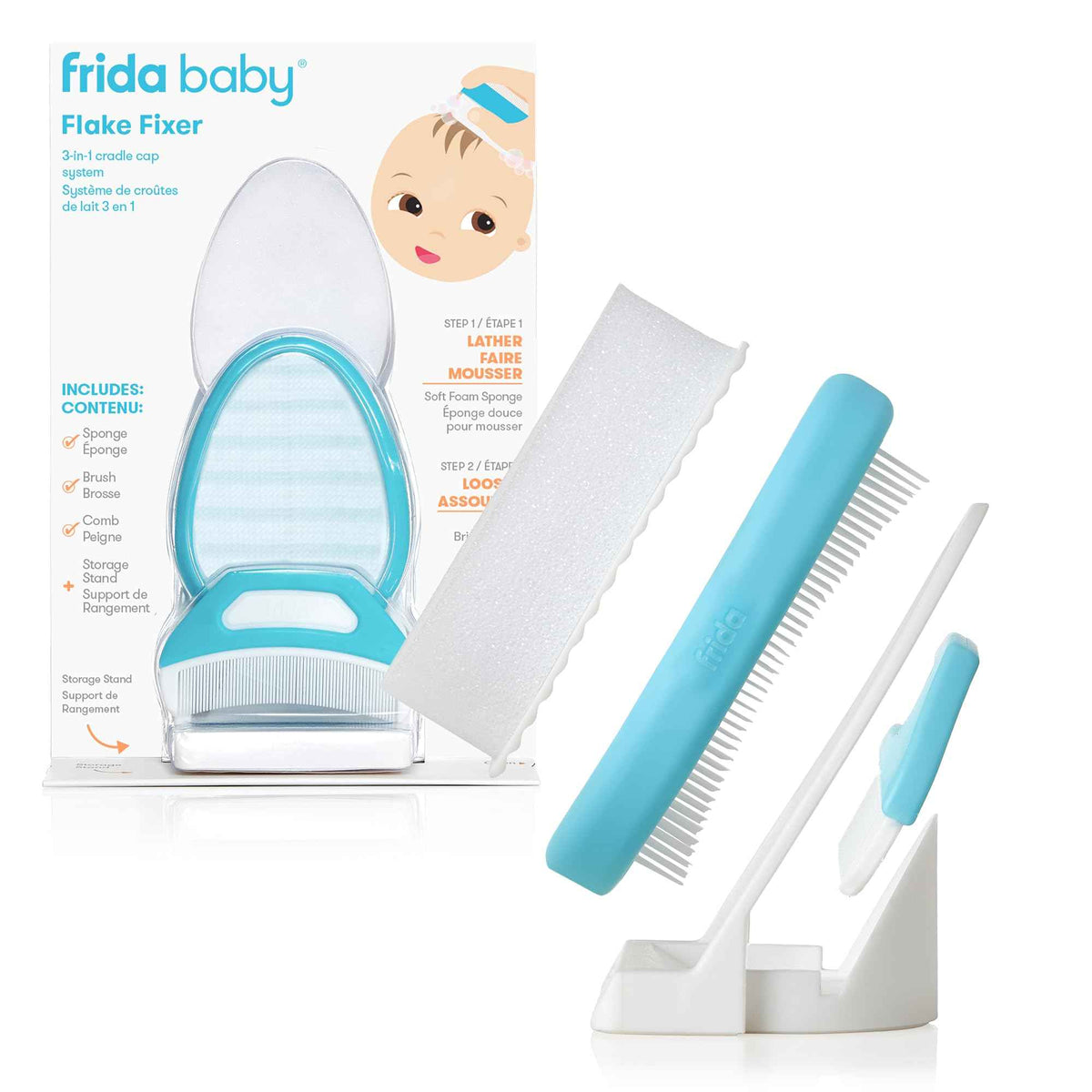 Frida Baby The 3-Step Cradle Cap System Kit & Cradle Cap Treatment, DermaFrida The FlakeFixer, Sponge, Brush, Comb and Storage Stand for Babies with Cradle Cap, White-Blue 🍁 All In One Marketplace Canada