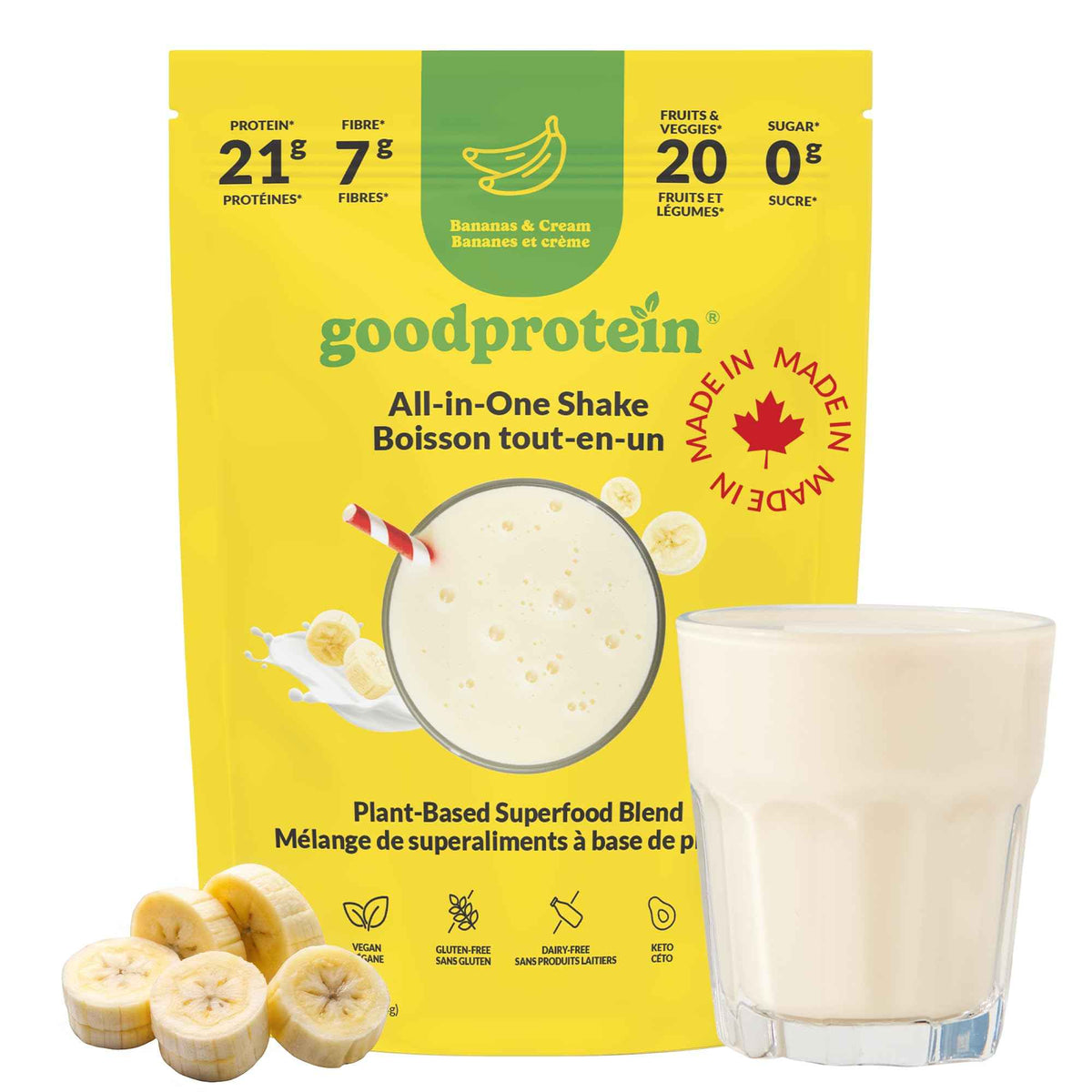 Good Protein Vegan Plant-based Protein Powder 100% Natural, Non-GMO, Dairy-free, Gluten-free, Soy-free, No Added Sugar and Nothing Artificial. Bananas & Cream All-in-One Shake 440 grams 🍁 All In One Marketplace Canada