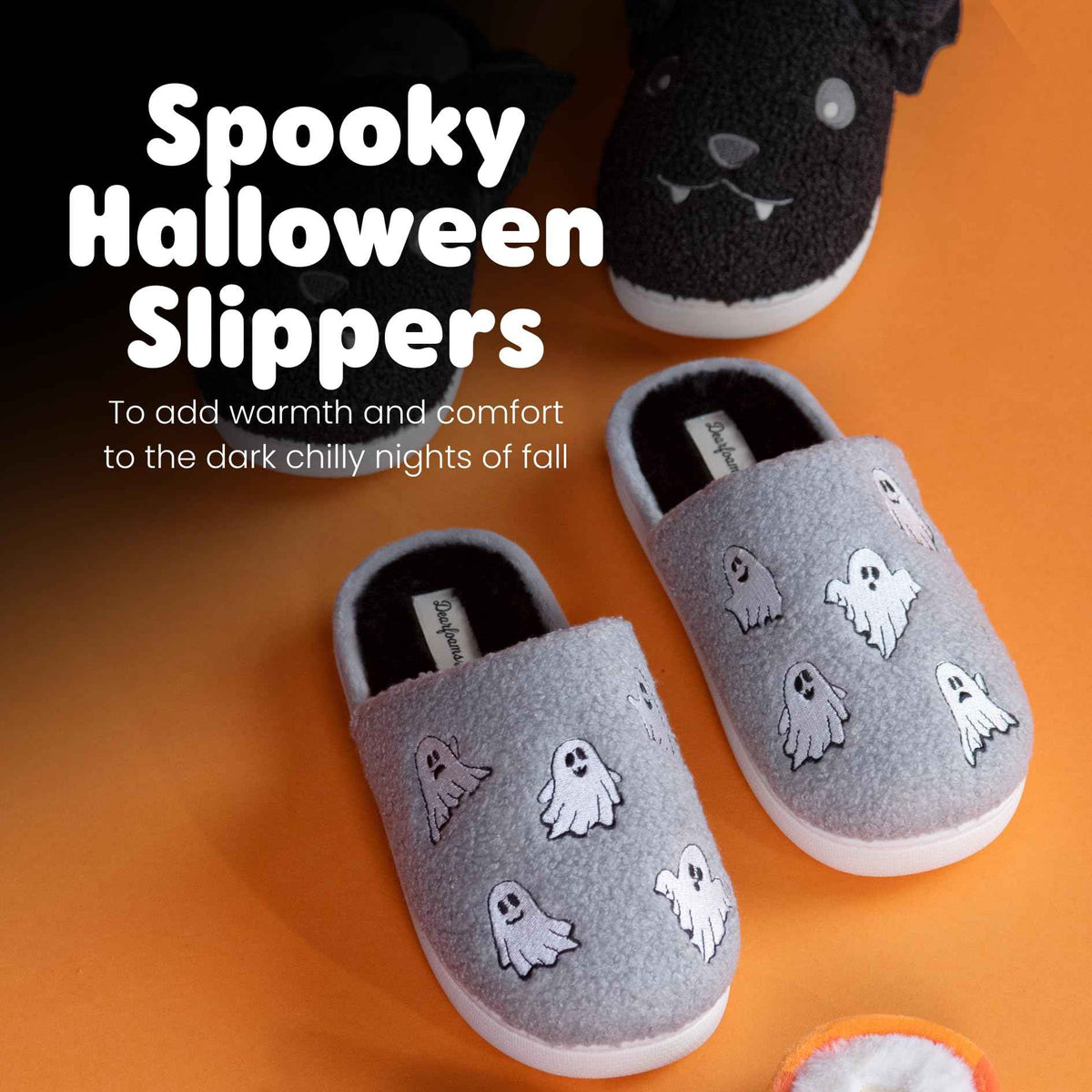 Dearfoams Unisex-Adult Spooky Fuzzy Halloween Pumpkin Jack O Lantern Slipper, Grey Ghost, 15-16 Women/13-14 Men