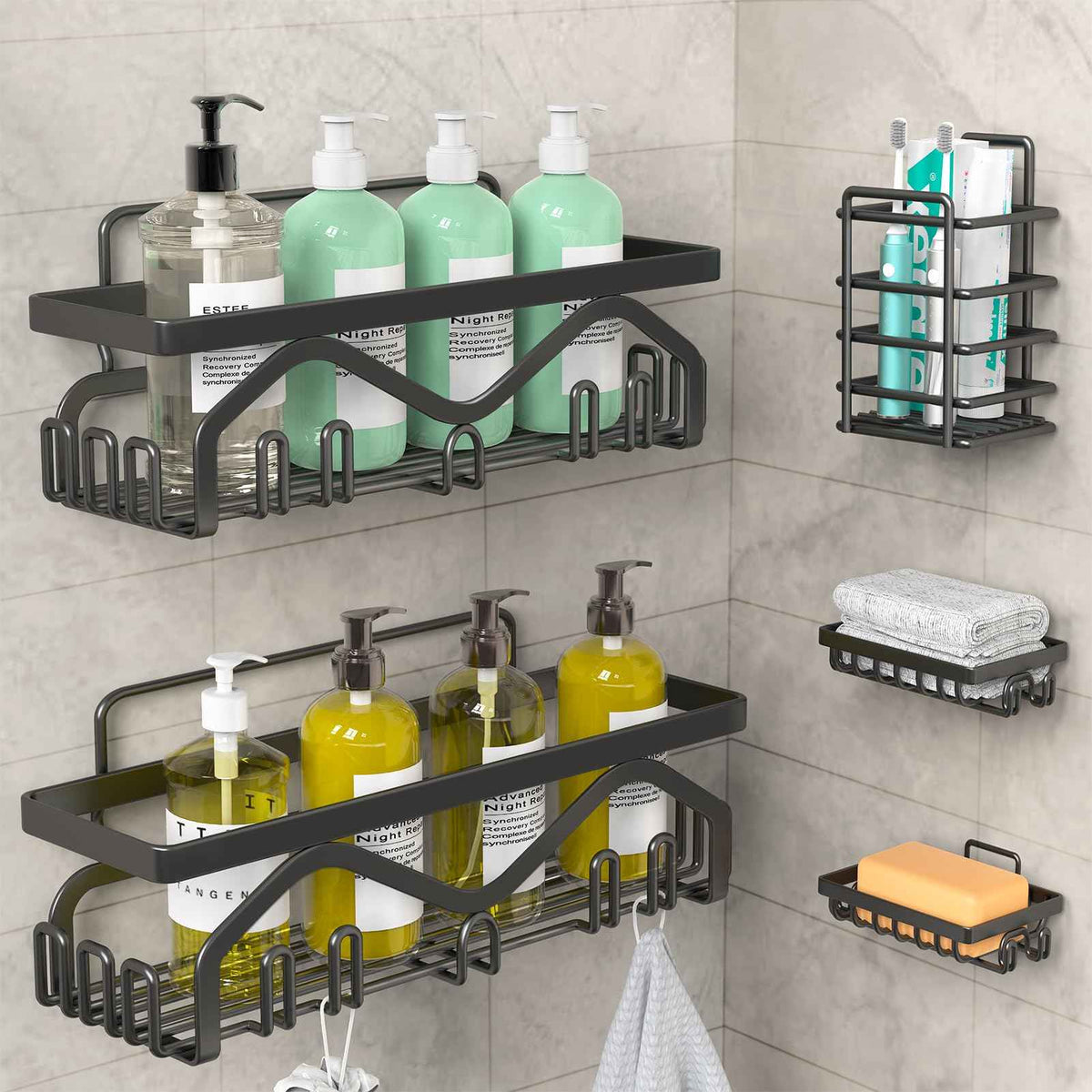 Coraje Adhesive Shower Caddy, 5-Pack Shower Shelves, Large Capacity Load Bearing 40 LBS Shower Organizer, No Drilling Shower Shelf, Rustproof Stainless Steel Bathroom Shower Storage, Black 🍁 All In One Marketplace Canada