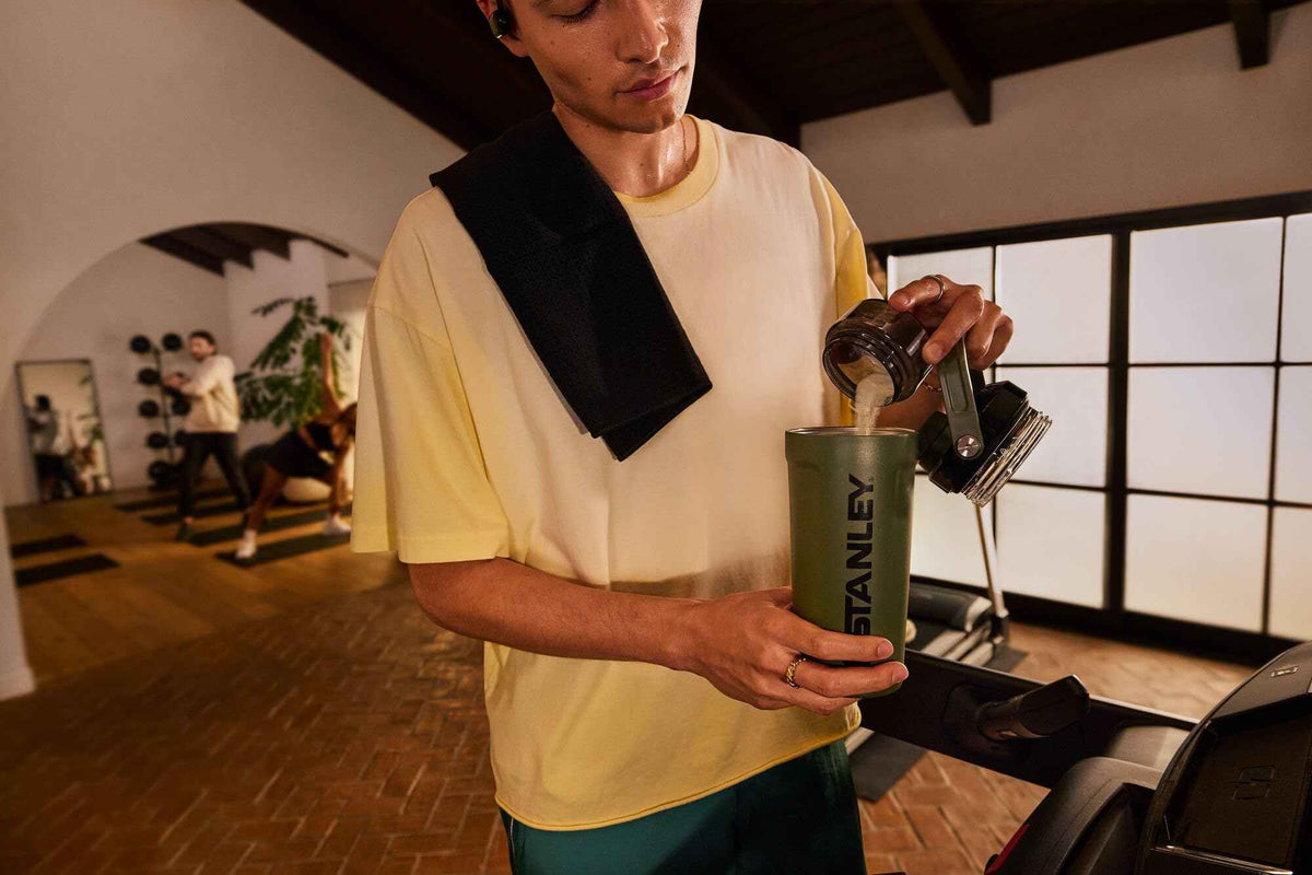 STANLEY Vitalize Shaker Bottle 20 oz | Leakproof Insulated Stainless Steel Shaker Cup | Base Storage and Twist On Fast Flow Lid | Protein Shakes and Pre Workout Powder | BPA-Free | Dried Pine 🍁 All In One Marketplace Canada