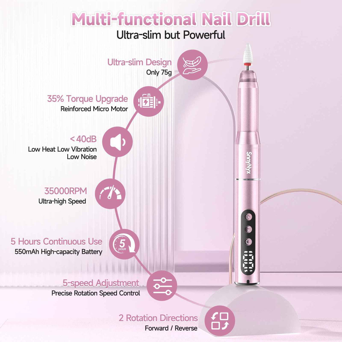 SnnyNyx Cordless Electric Nail Drill 35000 RPM, Professional Nail File Kit with LCD Display, 12 Bits & 36 Sanding Bands, Rechargeable Manicure Pedicure Kit for Acrylic Gel Nails, Salon & Home Use(Rose Gold) 🍁 All In One Marketplace Canada
