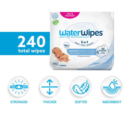 WaterWipes Plastic-Free Original Baby Wipes, 99.9% Water Based Wipes, Unscented & Hypoallergenic for Sensitive Skin, 240 Count (4 packs), Packaging May Vary 🍁 All In One Marketplace Canada