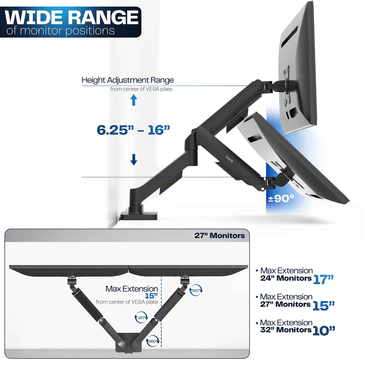 VIVO Dual Monitor up to 32 inches and 19.8 lbs per Screen, Pneumatic Arm Desk Mount, Articulating Counterbalance, VESA Stand, Classic, STAND-V002O 🍁 All In One Marketplace Canada