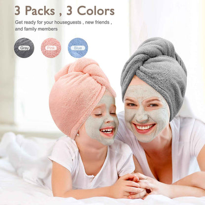 3 Pack Microfiber Hair Towel BEoffer Super Absorbent Hair Wraps for Women Wet Hair, Fast Drying Hair Turban, Hair Caps with Buttons for Drying Curly, Long & Thick Hair Anti Frizz (Gray+Pink+Blue) 🍁 All In One Marketplace Canada