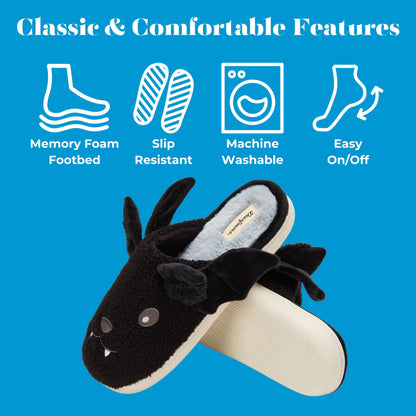 Dearfoams Unisex-Adult Spooky Fuzzy Halloween Pumpkin Jack O Lantern Slipper, Black Bat, 9-10 Women/7-8 Men