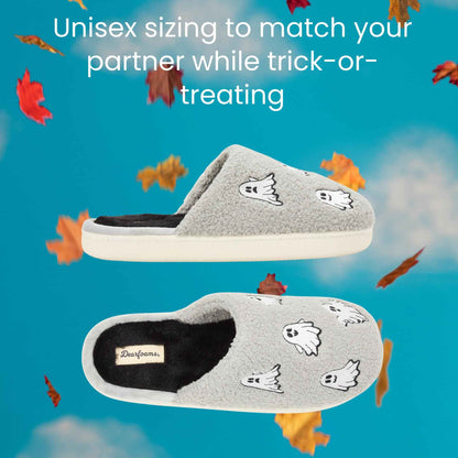 Dearfoams Unisex-Adult Spooky Fuzzy Halloween Pumpkin Jack O Lantern Slipper, Grey Ghost, 15-16 Women/13-14 Men