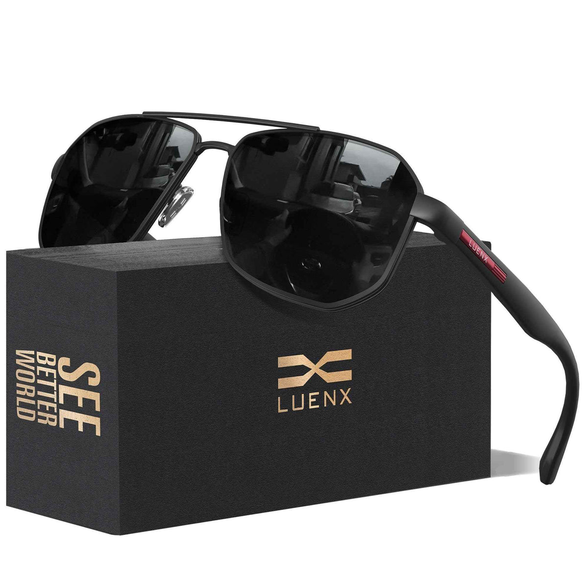 LUENX Aviator Sunglasses for Men Square Polarized Polygon Black Lens Matte Black Frame - UV 400 Protection with Accessories Driving 🍁 All In One Marketplace Canada