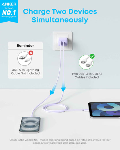 Anker iPhone 16 Charger, 2-Pack 20W Fast USB C Charger Block, for iPhone 16/16 Pro Max/15 Series/iPad Pro and More (Purple, 2 Pack & 2 Cable) 🍁 All In One Marketplace Canada