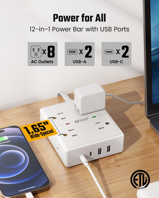 Surge Protector Power Bar, SUPERDANNY 6 Ft Extension Cord with 8 Outlets & 4USB Ports (2 USB 2 C), Mountable Flat Plug Power Strip, Surge Protection for Home, Office, Dorm 🍁 All In One Marketplace Canada
