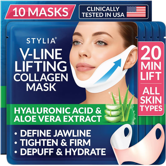 Stylia V Line Lifting Collagen Face Mask - Lift, Firm & Contour Jawline - Double Chin Strap with Hyaluronic Acid & Aloe Vera - Hydrating Neck & Face Tightening Mask - Chin Strap for Sleeping 10PC 🍁 All In One Marketplace Canada