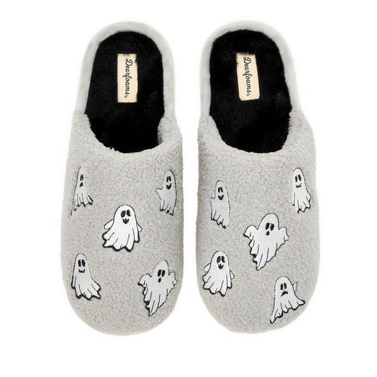 Dearfoams Unisex-Adult Spooky Fuzzy Halloween Pumpkin Jack O Lantern Slipper, Grey Ghost, 15-16 Women/13-14 Men