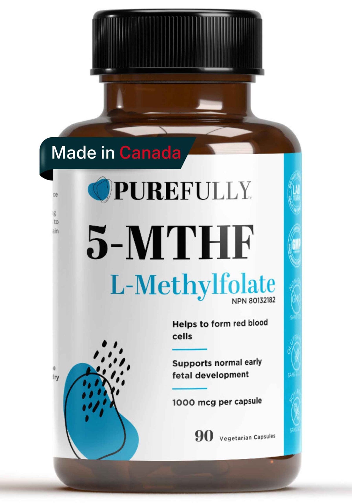 PUREFULLY 5-MTHF 1000mcg, 90 Capsules - L Methylfolate (Active Form of Vitamin B9 Folate) Supplement - Supports Cardiovascular Health and Early Fetal Development 🍁 All In One Marketplace Canada