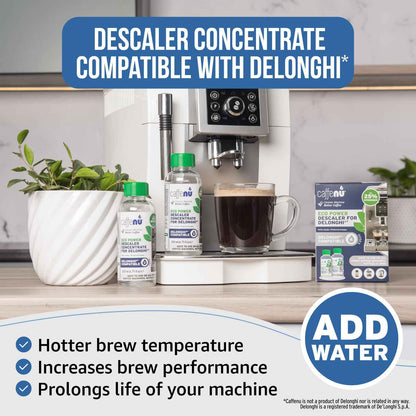 Delonghi Compatible Descaling Solution. 2 Bottles of Descaler Solution. Descaling Kit Removes Limescale For Hotter Coffee. 4 Uses Descaler For Delonghi Coffee Machines. 🍁 All In One Marketplace Canada