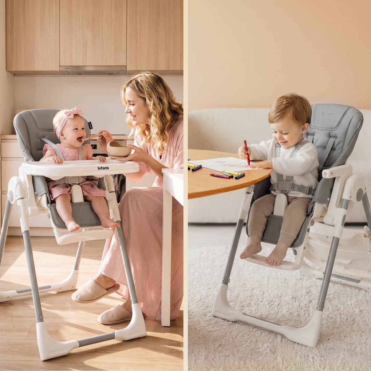 INFANS High Chair for Babies & Toddlers, Foldable Highchair with Multiple Adjustable Backrest, Footrest and Seat Height, Removable Tray, Detachable PU Leather Cushion, Built-in Rear Wheels (Grey) 🍁 All In One Marketplace Canada