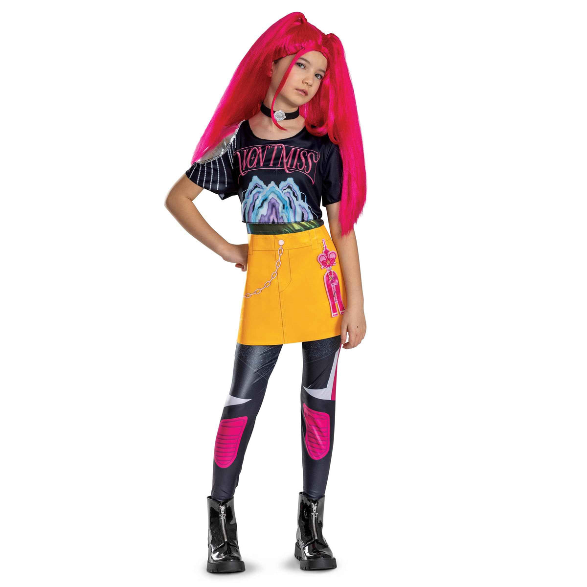K-Pop Demon Hunters Mira Costume, Official Halloween Jumpsuit Skirt and Necklace Outfit, Kids Size (10-12)